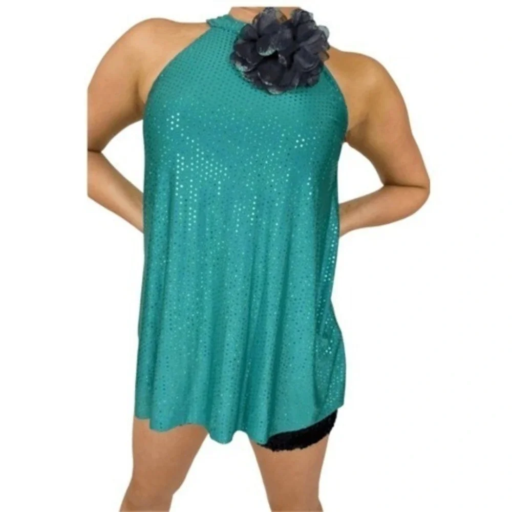 Revolution Dance Costume 2pc Teal Sequin Tunic Top Shorts Girls L Jazz Solo